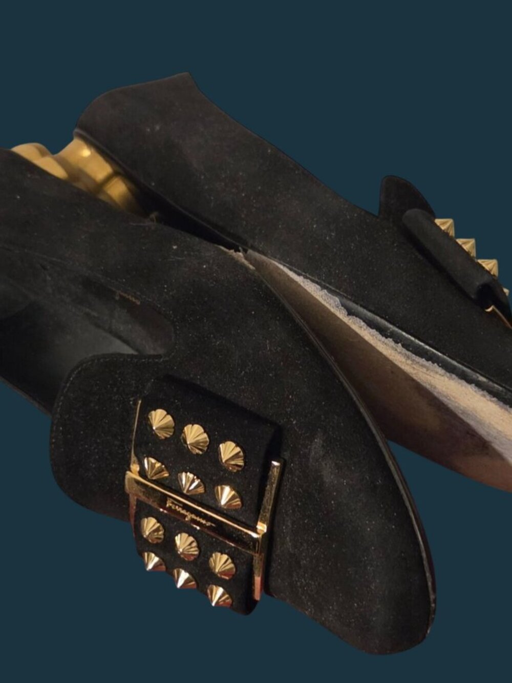 Salvatore Ferragamo Sarno Studded Loafers Black Suede Sz 8C - W/ Original Box - Picture 9 of 16